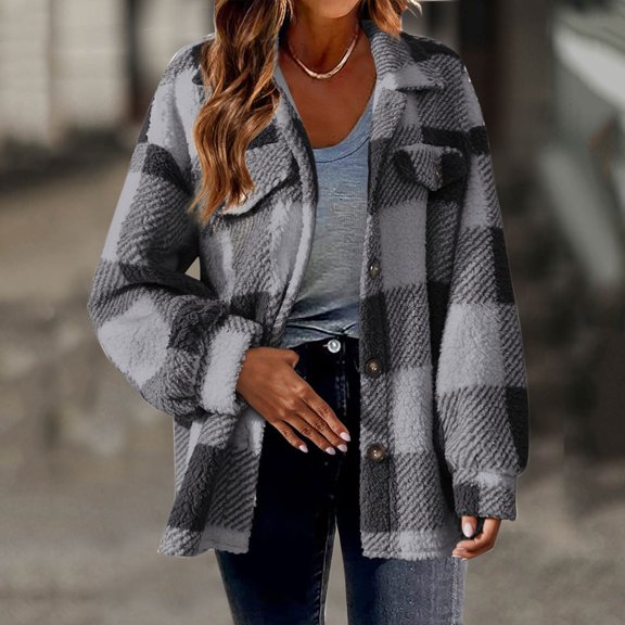 Womens Fleece Jacket Women's Plus Size Casual Color Block Plush Feece Jackets Button Down Loose Blouse Warm Coat Womens Coats Grey M
