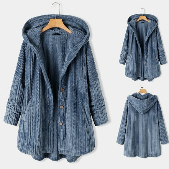 Womens Jacket Women's Plus Size Solid Color Long Sleeve Hooded Button Pocket Coat Coats for Women Blue L