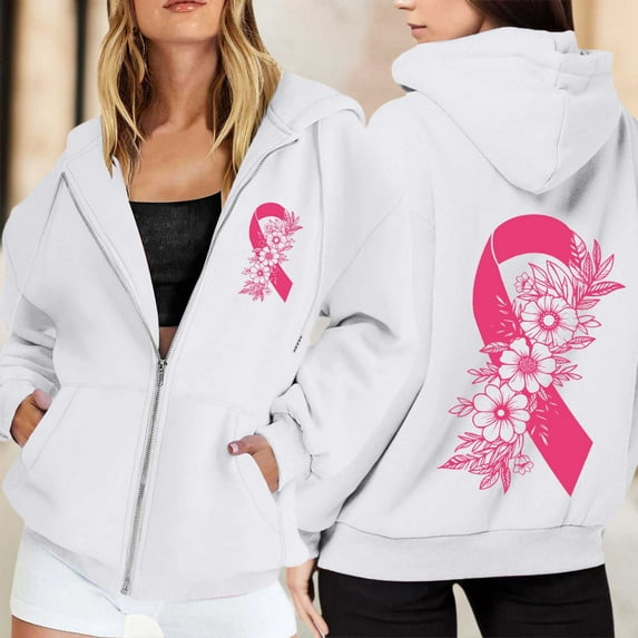 Womens Jacket Women's Zip Up Hoodie Pullover Cancer Awareness Month Long Sleeve Pocket Drawstring Casual Hooded Sweatshirt Womens Winter Coats White M