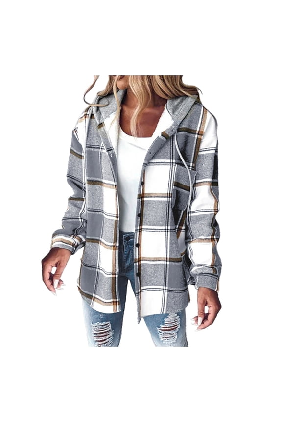 Womens Jacket Womens Plaid Button Down Hoodie Sweatshirt Hoodie Jacket Coat Shearling Jacket Grey L