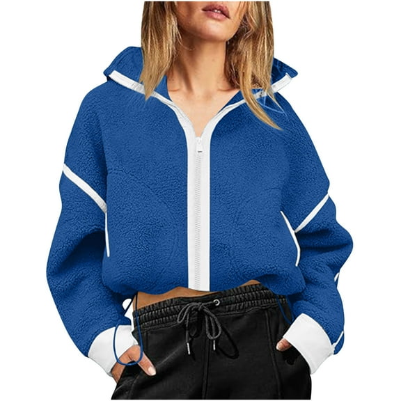 Womens Fleece Jacket Zip Up Long Sleeve Fall Winter Sherpa Coat Patchwork Stand Collar Sweatshirt Outerwear with Pockets (Blue S)