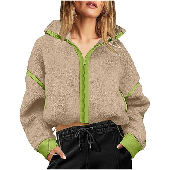Womens Fleece Jacket Zip Up Long Sleeve Fall Winter Sherpa Coat Patchwork Stand Collar Sweatshirt Outerwear with Pockets (Khaki M)