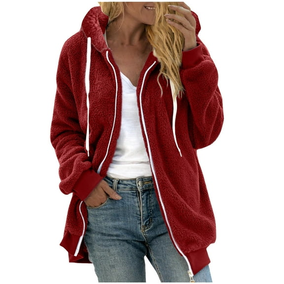 Womens Fleece Jacket Zip up Hooded Fuzzy Coat Sherpa Lined Warm Winter Outerwear Long Sleeve Sweater Jackets