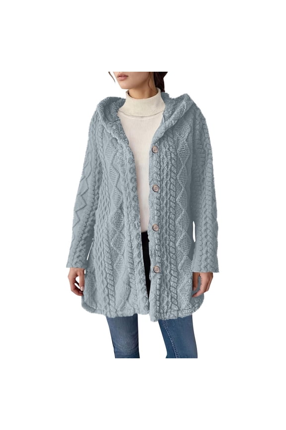 Womens Fleece Jackets Casual Button Up Fuzzy Long Sleeve Hooded Cardigan Sweaters Warm Sherpa Lined Coat Outerwear
