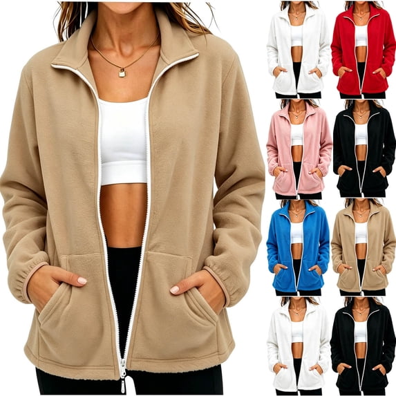 Womens Fleece Jackets, Collared Long Sleeve Outerwear with Pockets, Solid Warm Layering Style, Fall Winter Wear | VerBelle,Khaki L