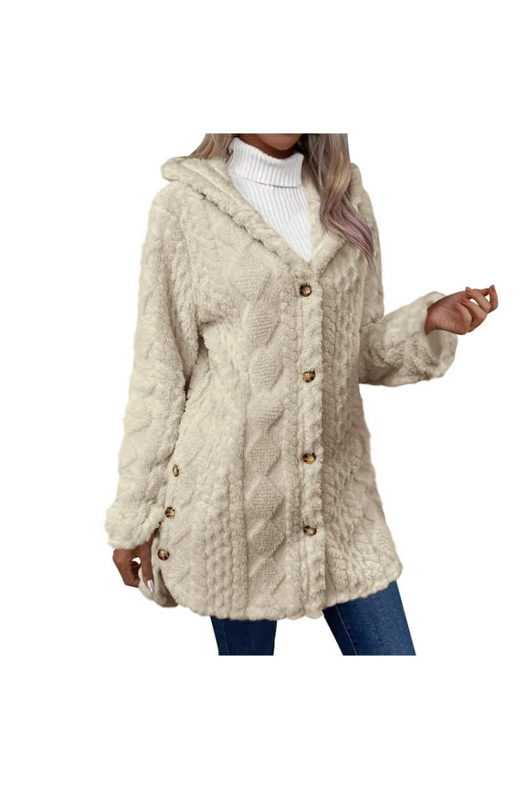 Womens Fleece Jackets Cozy Cable-Knit Button-Up Cardigan Warm Winter Hooded Top Coat Beige XL