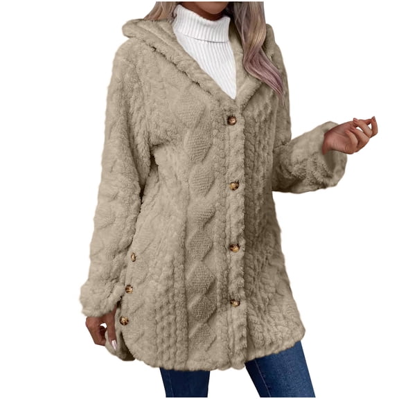 Womens Fleece Jackets Cozy Cable-Knit Button-Up Cardigan Warm Winter Hooded Top Coat Khaki L