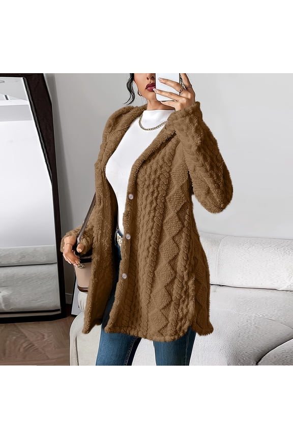 Womens Fleece Jackets Full Zip Hoodies Checked Hooded Fluffy Coats Ladies Warm Cozy Furry Cardigans Oversized Long Sleeve Winter Jackets for Women Plus Size Brown S