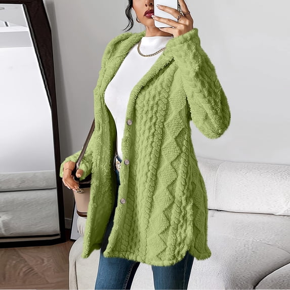 Womens Fleece Jackets Full Zip Hoodies Checked Hooded Fluffy Coats Ladies Warm Cozy Furry Cardigans Oversized Long Sleeve Winter Jackets for Women Plus Size Green S