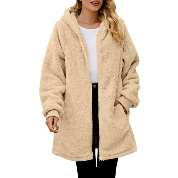 Womens Fleece Jackets Solid Zip Up Coats Long Sleeve Fuzzy Hooded Jacket Outerwear With Pockets Beige XXL