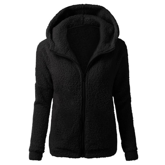 Womens Fleece Jackets Solid Zip Up Coats Long Sleeve Fuzzy Hooded Jacket Outerwear With Pockets Black XL