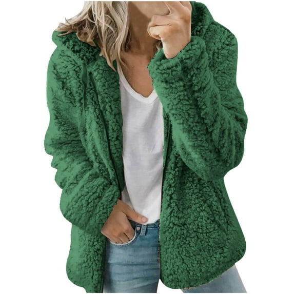 Womens Fleece Jackets Solid Zip Up Coats Long Sleeve Fuzzy Hooded Jacket Outerwear With Pockets Green XXL