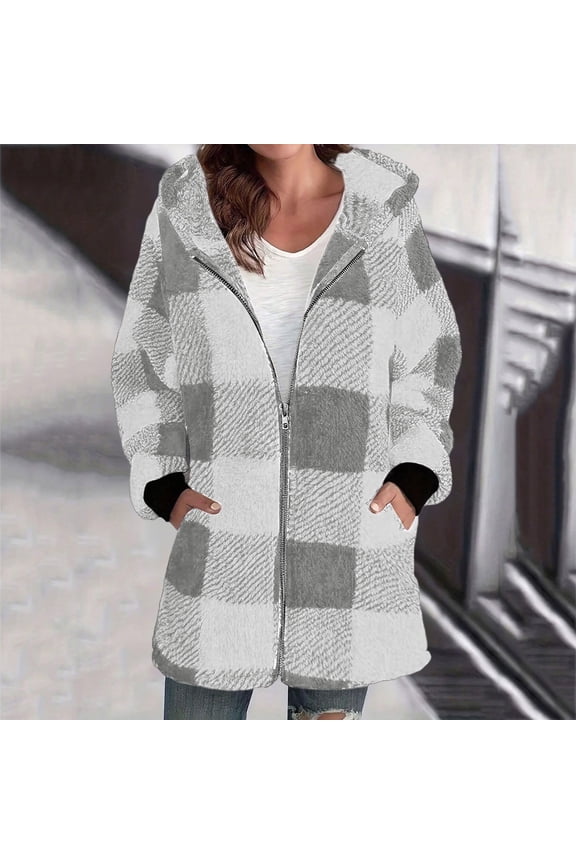 Womens Fleece Jackets Winter Warm Coats Full Zip Up Hoodies Soft Hooded Jumpers Stylish Oversized Sweatshirt Open Front Cardigans Fluffy Overcoat with Pockets Gray M