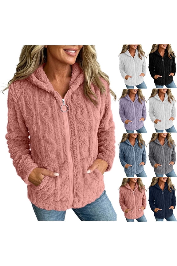 Womens Fleece Jackets with Hood Fashion Jacquard Warm Full Zip Casual Midweight Winter Coats Pink 2XL