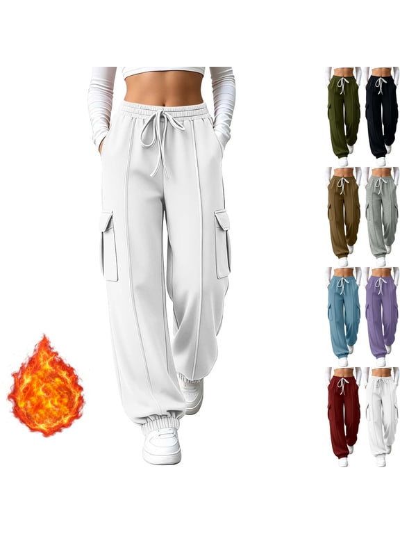 Womens Fleece Lined Cargo Joggers High Waisted Baggy Pintuck Sweatpants Cinch Bottom Elastic Waist Fall Y2K Streetwear with Flap Pockets, White, XL
