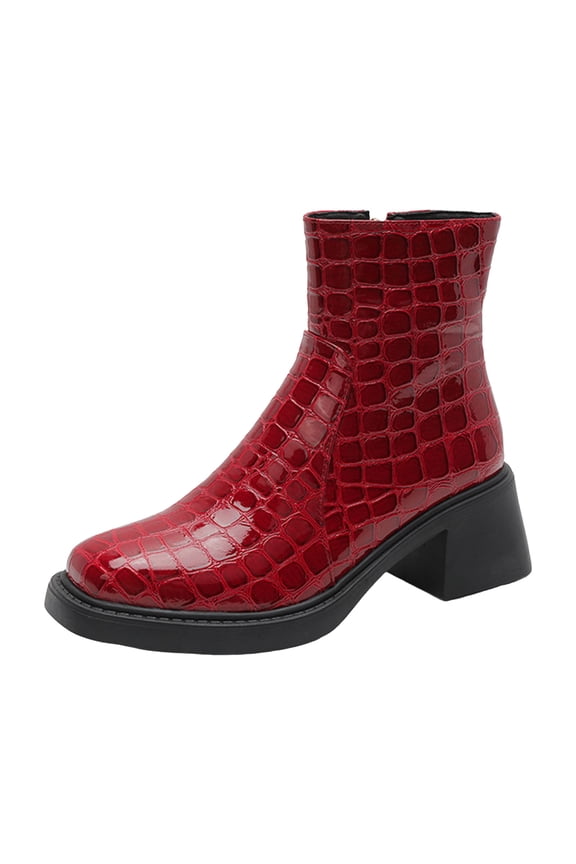 Womens Fleece Lined Chelsea Boots Square Toe Ankle Platform Booties Slip On Chunky Heel Dress Shoes