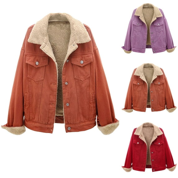 Womens Fleece Lined Denim Jackets,Button Down Hooded Jean Jacket Long Sleeve Oversize Casual Boyfriend Winter Coat Hoodies