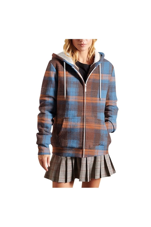 Womens Fleece Lined Flannel Jackets, Drawstring Hooded Sweatshirt for Women Travel Casual Fleece Plaid Shirt Jackets Winter Coats with Pockets