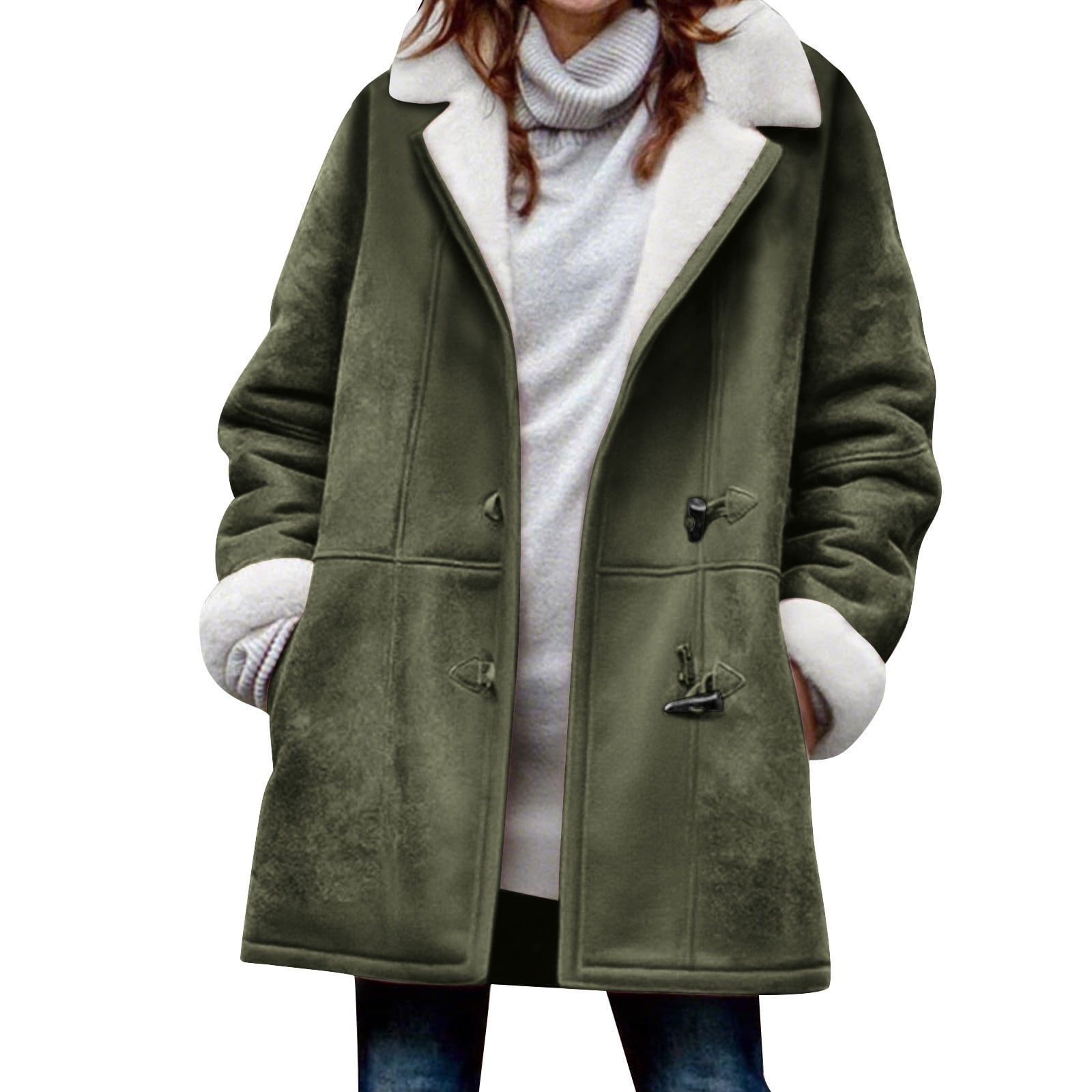Womens Fleece Lined Jackets No Hood, Notched Collar Long Sleeve Winter Warm Pea Coats with Pockets Toggle Closure