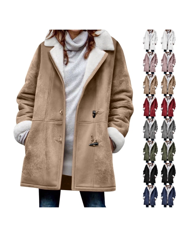 Womens Fleece Lined Jackets No Hood, Notched Collar Long Sleeve Winter Warm Pea Coats with Pockets Toggle Closure