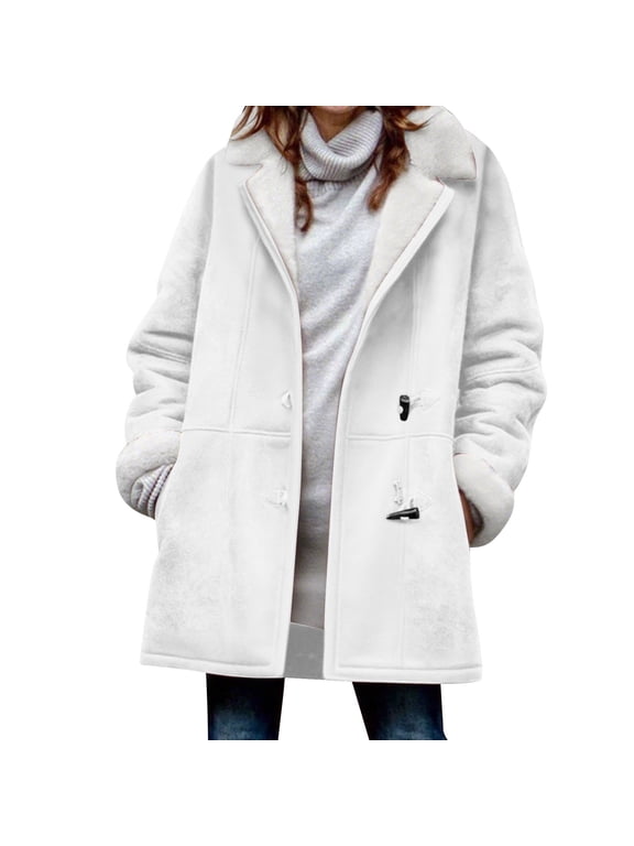 Womens Fleece Lined Jackets No Hood, Notched Collar Long Sleeve Winter Warm Pea Coats with Pockets Toggle Closure