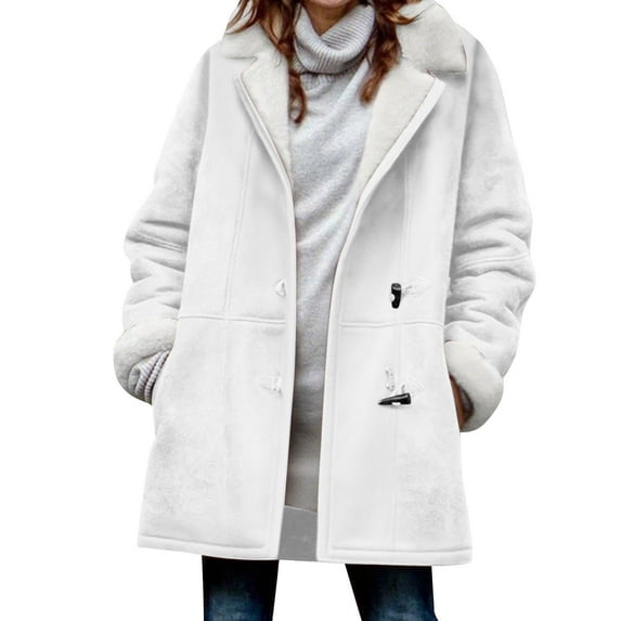 Womens Fleece Lined Jackets No Hood, Notched Collar Long Sleeve Winter Warm Pea Coats with Pockets Toggle Closure