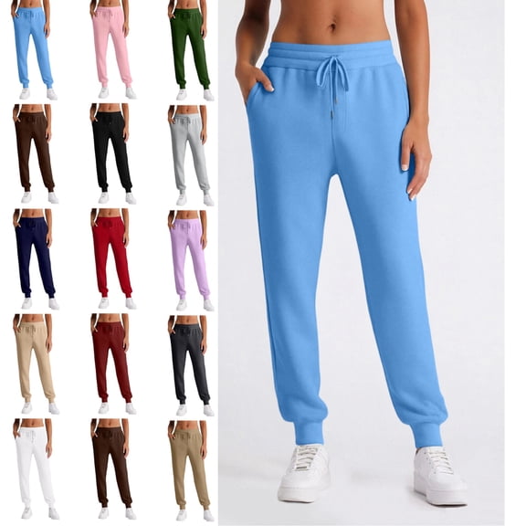 Womens Fleece Lined Joggers Winter High Waisted Warm Cotton Sweatpants Thick Lounge Sweat Pants with Pockets Blue S
