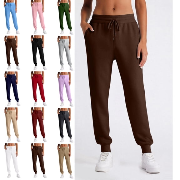 Womens Fleece Lined Joggers Winter High Waisted Warm Cotton Sweatpants Thick Lounge Sweat Pants with Pockets Coffee S