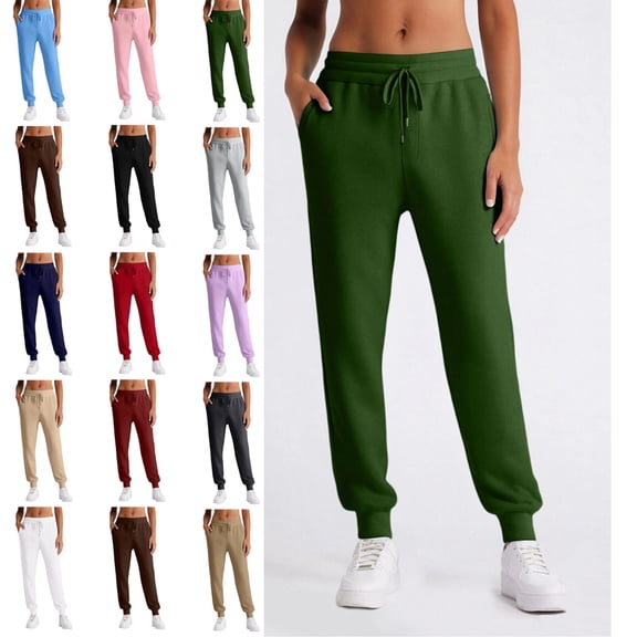 Womens Fleece Lined Joggers Winter High Waisted Warm Cotton Sweatpants Thick Lounge Sweat Pants with Pockets Green S