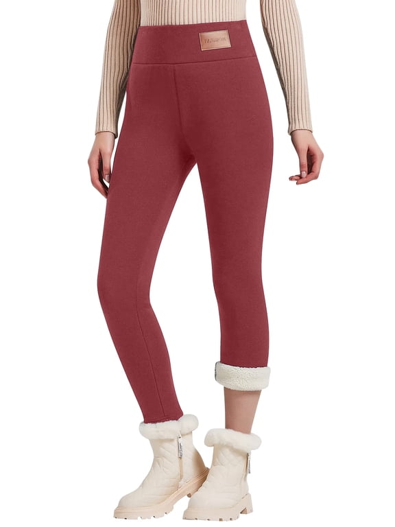 Womens Fleece Lined Leggings High Waisted Thermal Leggings Warm Winter Tights Tummy Control Soft Stretch Pants Wine Red 2XL
