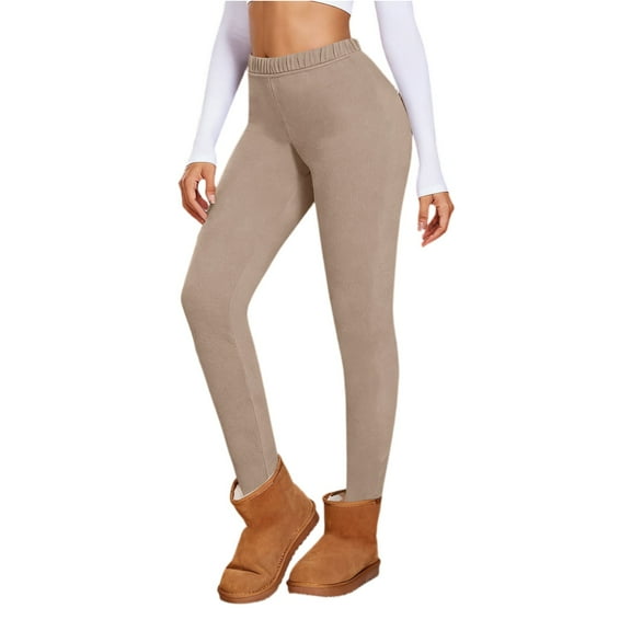 Womens Fleece Lined Leggings Stretch Tummy Control Thick Yoga Pants Winter Thermal Butt Lifting Comfy Leggings Slim Fit High Waisted Workout Gym Activewear Tights Pants Khaki XL