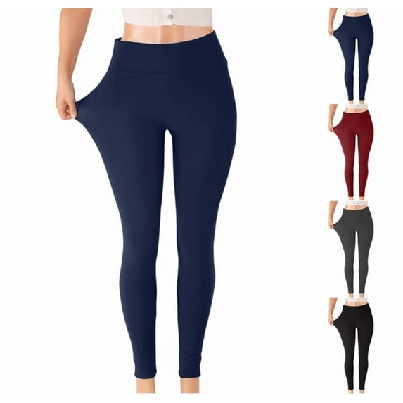 Womens Fleece Lined Leggings Tummy Control Winter Warm Thermal Leggings High Waisted Cozy Thick Tights Navy M