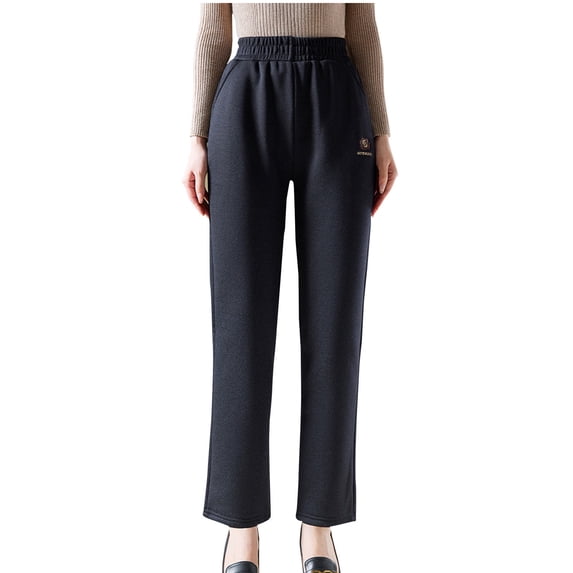 Womens Fleece Lined Pants with Pockets Plus Size Elastic Waisted Straight Leg Work Casual Winter Trouser Pants (XL, Navy)