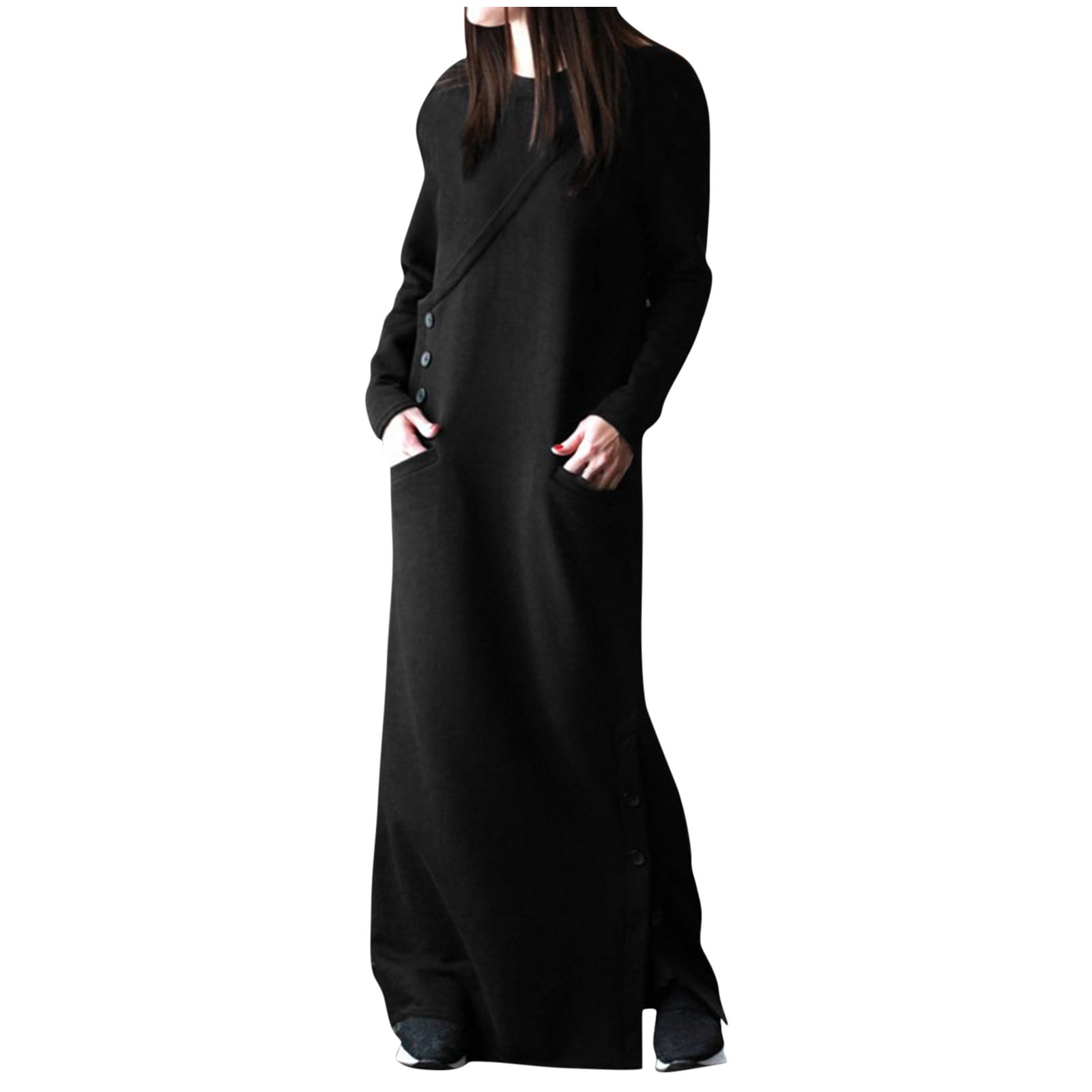 Womens Fleece Lined Pullover Sweatshirt Long Sleeve Thick Crewneck Maxi  Sweater Side Buttons Dress with Pocket (S, Black) - Walmart.com