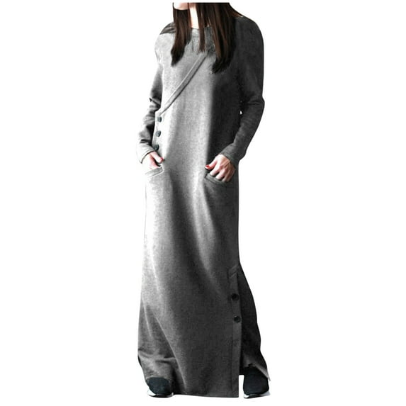 Womens Fleece Lined Pullover Sweatshirt Long Sleeve Thick Crewneck Maxi Sweater Side Buttons Dress with Pocket (5XL, Gray)