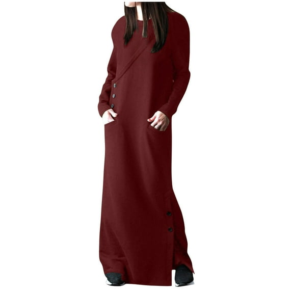 Womens Fleece Lined Pullover Sweatshirt Long Sleeve Thick Crewneck Maxi Sweater Side Buttons Dress with Pocket (X-Large, Wine)