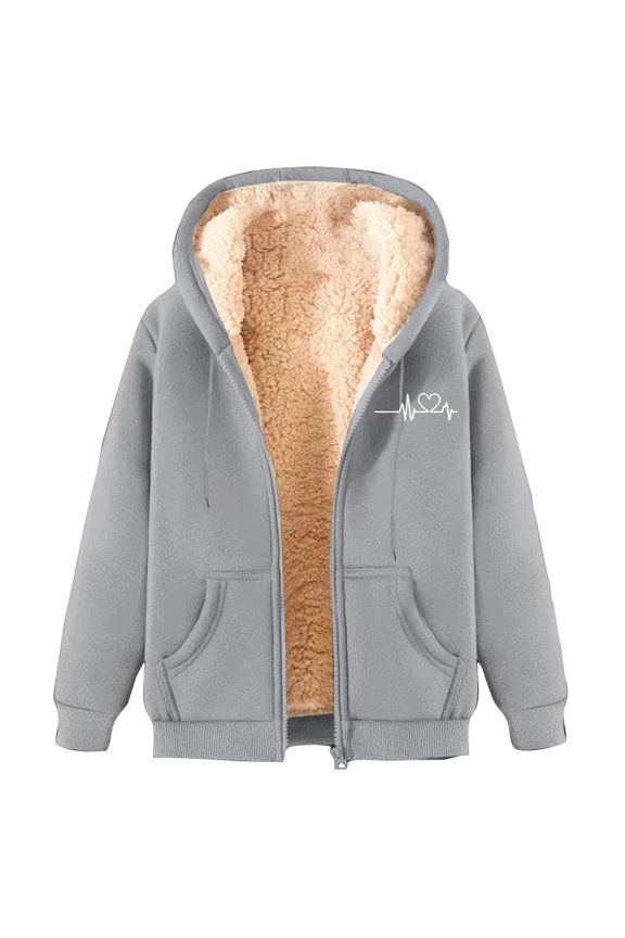 Womens Fleece Lined Pullover Sweatshirts Heart Print Zip Up Thermal Warm Sherpa Hooded Jacket With Pockets Trendy