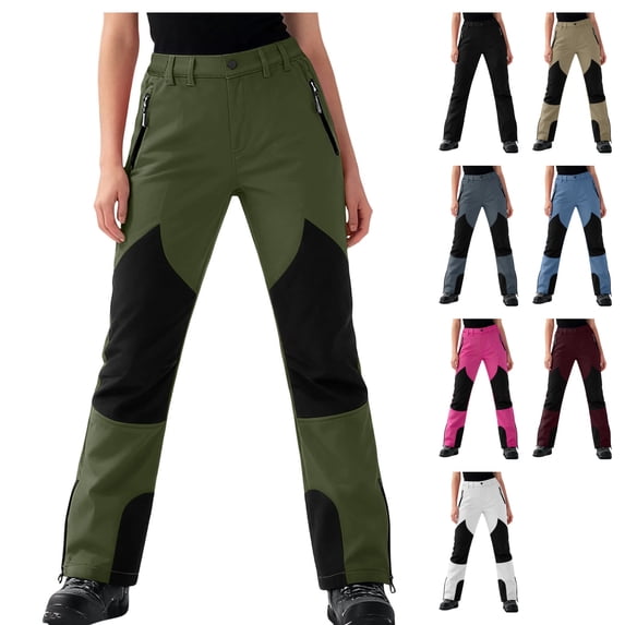 Womens Fleece Lined Snow Pants Ski Trousers Thermal Insulated Softshell Windproof Straight Leg Outdoor Winter Bottoms with Zipper Pockets, Army Green, L