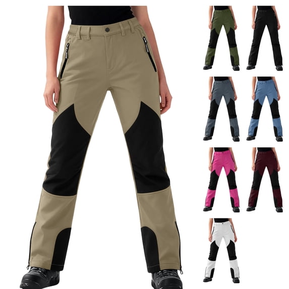 Womens Fleece Lined Snow Pants Ski Trousers Thermal Insulated Softshell Windproof Straight Leg Outdoor Winter Bottoms with Zipper Pockets, Brown, L