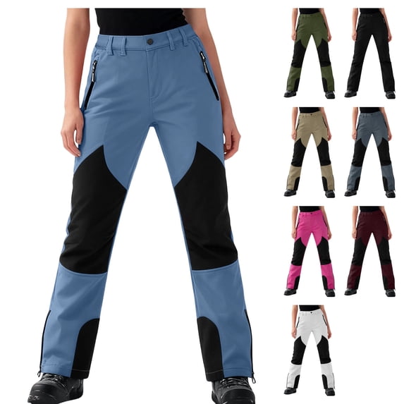 Womens Fleece Lined Snow Pants Ski Trousers Thermal Insulated Softshell Windproof Straight Leg Outdoor Winter Bottoms with Zipper Pockets, Navy, XXL