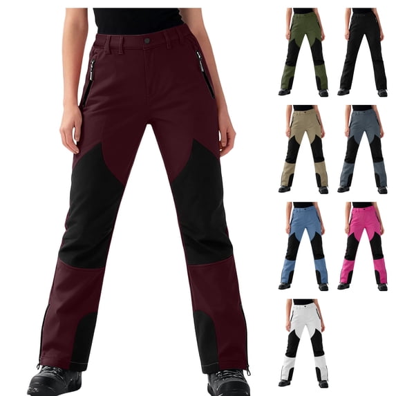Womens Fleece Lined Snow Pants Ski Trousers Thermal Insulated Softshell Windproof Straight Leg Outdoor Winter Bottoms with Zipper Pockets, Red, XXXL