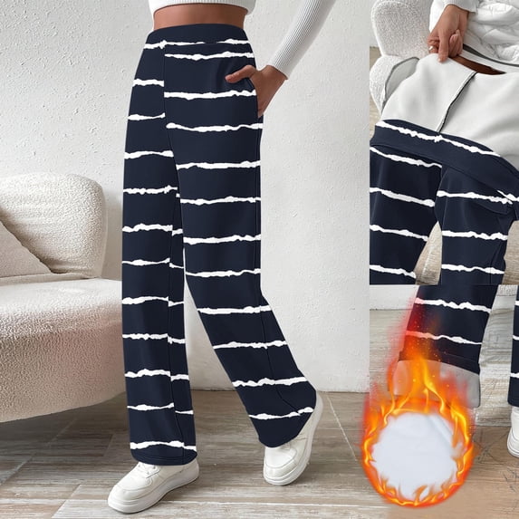 Womens Fleece Lined Striped Wide Leg Sweatpants Yoga Pants High Waisted Cozy Thermal Lounge Bottoms with Side Pockets for Cold Weather, Dark Blue, XXL