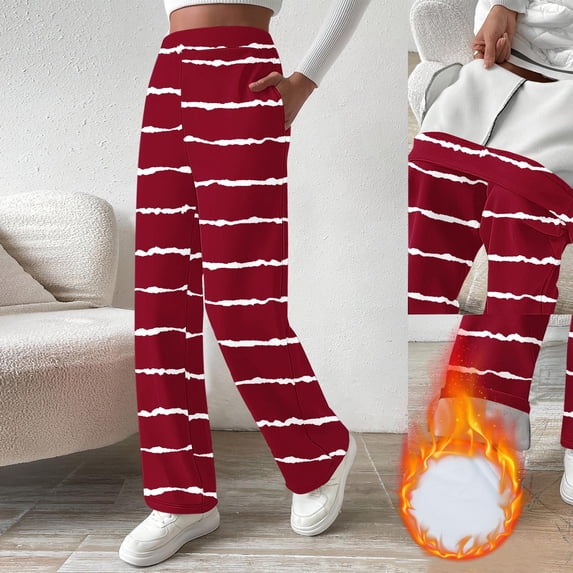Womens Fleece Lined Striped Wide Leg Sweatpants Yoga Pants High Waisted Cozy Thermal Lounge Bottoms with Side Pockets for Cold Weather, Wine, M