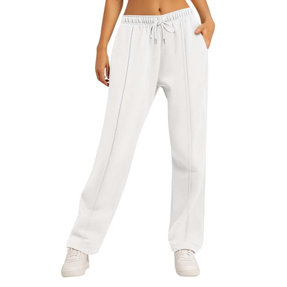 Womens Fleece Lined Sweatpants Tall with Pocket Solid Color Trousers Stretchy Flowy Pants for Women High Rise Pants White S
