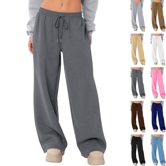 Womens Fleece Lined Sweatpants Wide Leg High Waisted Baggy Lounge Pants Drawstring Joggers Cozy Casual Sweat Pants for Women Spring Dark Gray M