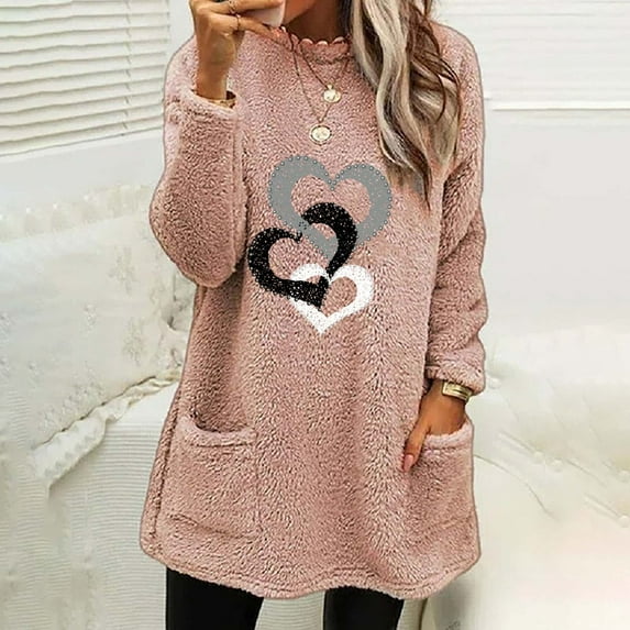 Womens Fleece Lined Sweatshirt with Pockets,Women's Winter Warm Sherpa Lined Fleece Crewneck Sweatshirt with Pocket Heart Love Printed Thermal Pullover Loungewear Tunic Tops