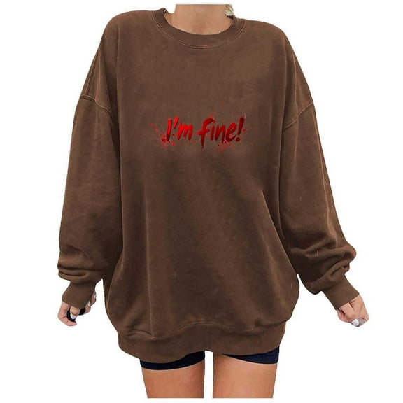 Womens Fleece Lined Sweatshirts Oversized Drop Shoulder Crewneck Sweat Shirts Loose Casual Halloween Graphic Sweater Coffee, M