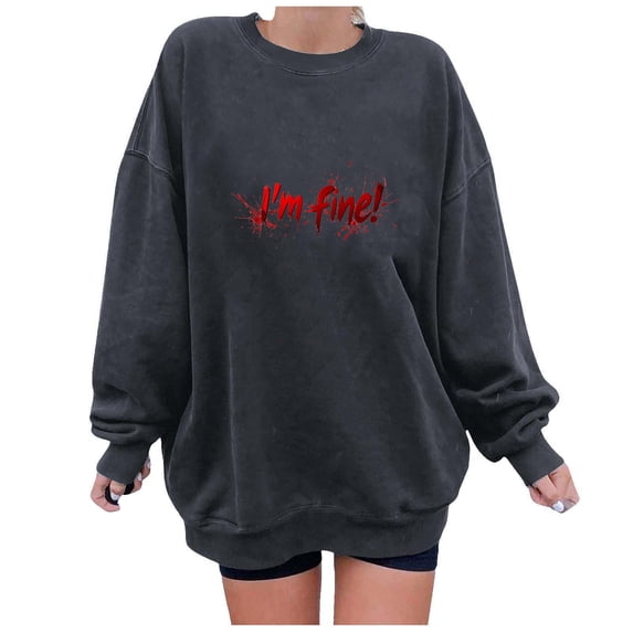 Womens Fleece Lined Sweatshirts Oversized Drop Shoulder Crewneck Sweat Shirts Loose Casual Halloween Graphic Sweater Gray, M