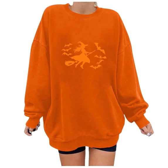 Womens Fleece Lined Sweatshirts Oversized Drop Shoulder Crewneck Sweat Shirts Loose Casual Halloween Graphic Sweater Orange, XL