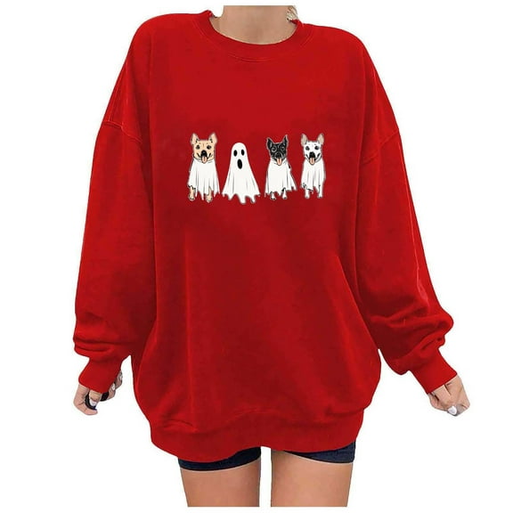 Womens Fleece Lined Sweatshirts Oversized Drop Shoulder Crewneck Sweat Shirts Loose Casual Halloween Graphic Sweater Red, M